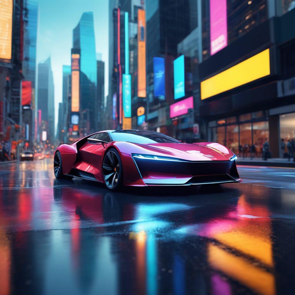 A dynamic montage showcasing a modern cityscape with sleek, futuristic cars on the roads. Include elements like digital displays with automotive stats, a diverse group of people discussing trends, and an open laptop showing automotive blogs. Use vibrant colors to emphasize innovation and excitement. super-realistic. vibrant colors. 3D.
