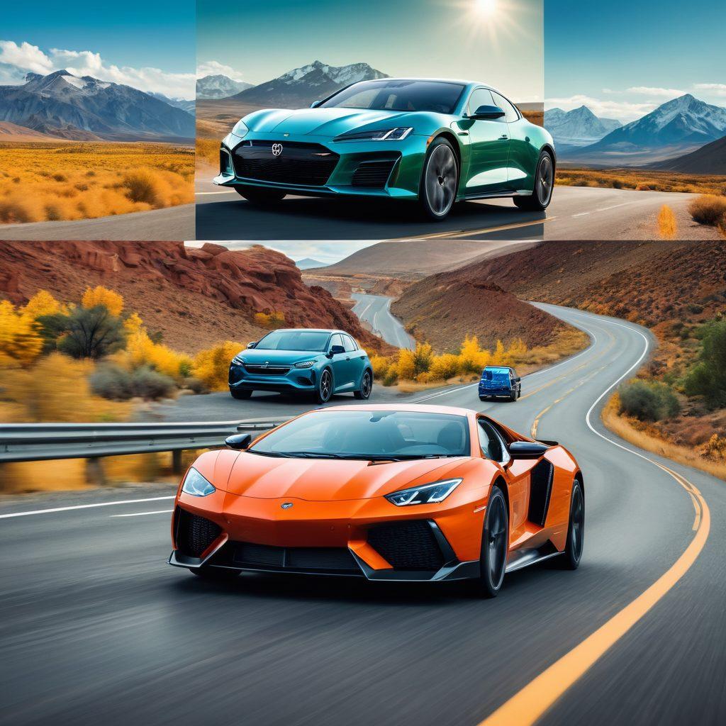 A dynamic collage showcasing various vehicles on an open road, including a sleek sports car, a rugged SUV, and an eco-friendly electric car, surrounded by scenic landscapes. Incorporate a digital overlay of expert ratings and charts that highlight the performance of each vehicle. Blend in a hint of gears and speedometers to symbolize the technical aspects of driving. The overall mood should evoke excitement and adventure. vibrant colors. super-realistic.