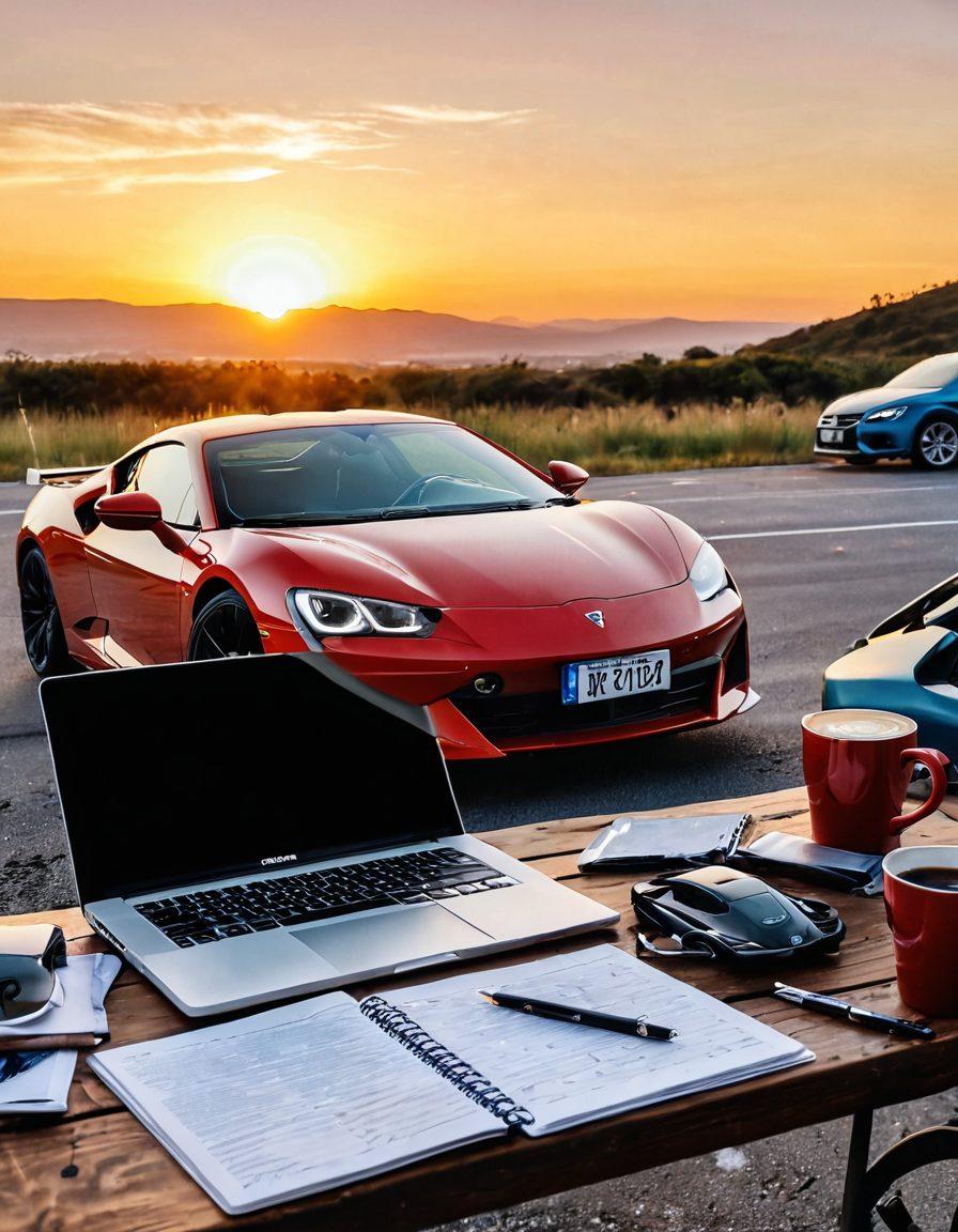 A sleek, modern laptop open to a car blogging website, surrounded by car magazines and a cup of coffee. In the background, a bright sunset reveals a stunning sports car parked on a scenic road. Include elements like a notepad with scribbled ideas and tools for writing. The scene should evoke creativity and passion for car blogging. super-realistic. vibrant colors. warm lighting.